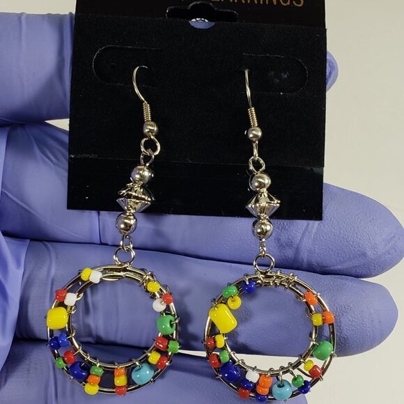 Handmade Colorful Beaded Silver tone Wire Drop Earrings Boho Festival Jewelry - Picture 7 of 8